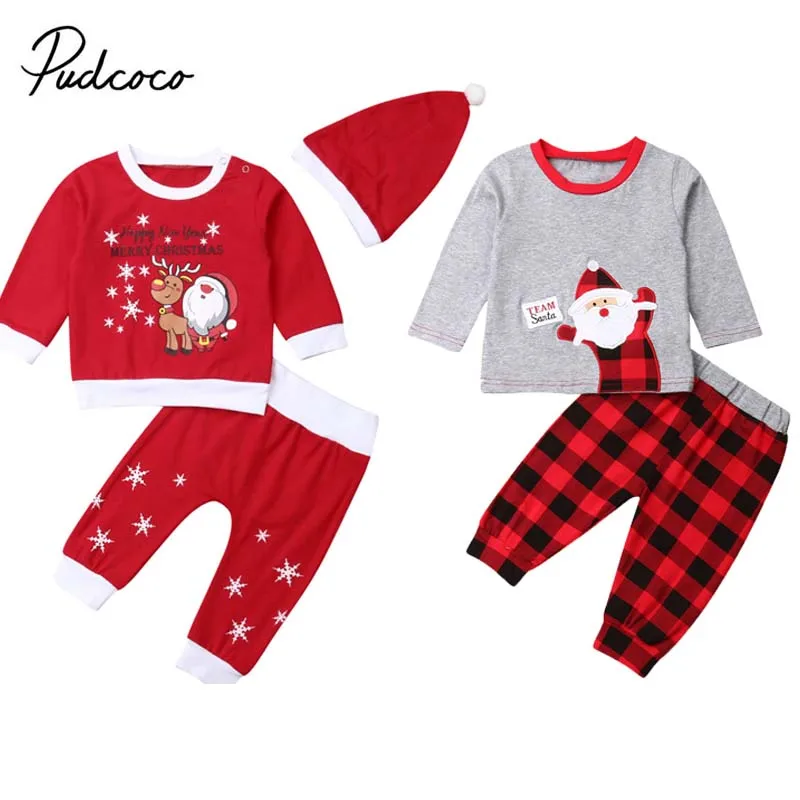 2019 Brand Kids Baby Boy Girl First Christmas Clothes Romper Pants Hat Warm Outfits Set Santa Print Costume Clothing | Детская одежда и