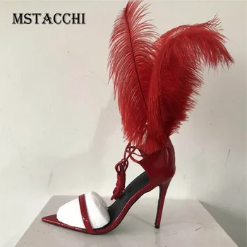 

MStacchi Fashion Colorful Sexy Ladies Sandals Feather Ankle Front Rear Strap Open Toe Heels Women Party Wedding Women Shoes