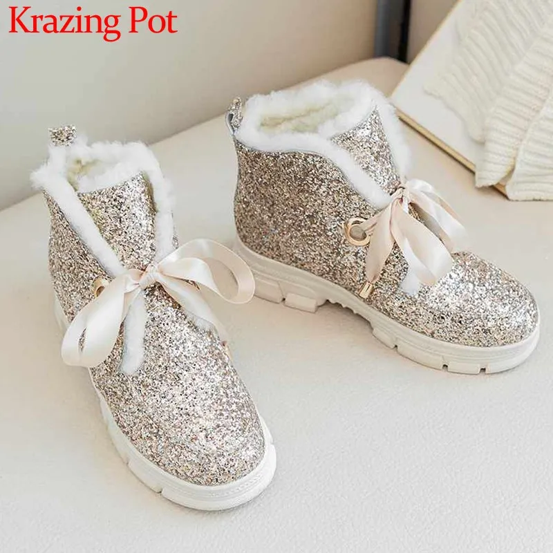 

Krazing Pot new shiny bling lambswool snow boots med heels round toe winter super warm sweet beauty lady lace up ankle boots L61