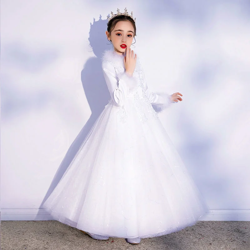 Wieczór księżniczka dziewczyny impreza na biało Prom Tulle Dress Fluffy Flower Girl Winter Velvet suknie ślubne maluch na nowy rok 2023