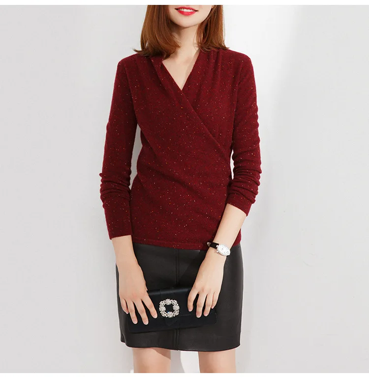 

19 Women's New Style Color Point Cashmere Sweater Xie Jin V-neck Cross Base Sweater Waist Hugging Slimming Warm Woollen Sweater