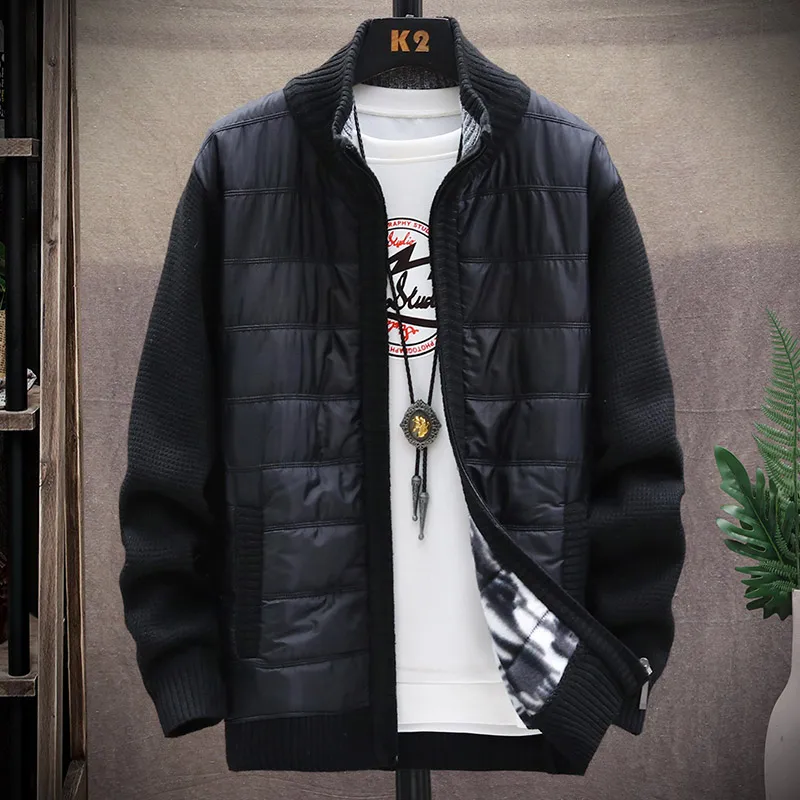 Sweater Men Autumn Winter Knit Cardigan Loose Large Size Jumpers Splicing Thick Fleece Warm Patchworked Jacket Male Windbreaker