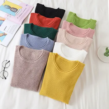 

ROPALIA Women Sweaters Candy Color Long Sleeve Sweater Autumn Knitted Thread Tops Round Neck Slim Bottoming Sweaters