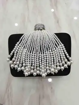 

2020 New Handmade Pearl Tassel Black Box Bag Clutch Bag Dinner Bag Women a5601