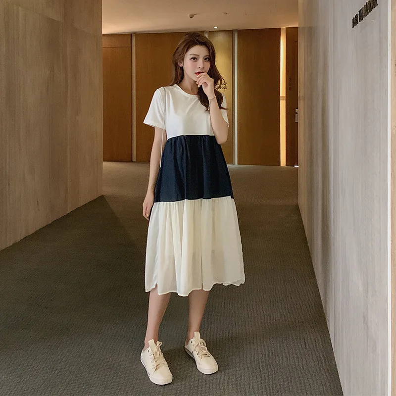 

Dress Summer 2019 New Style Korean-style Joint Contrast Color Big Skirt Mid-length Slimming Short Sleeve Dress Children F7444