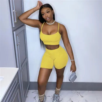 

2Pcs Set Sexy Women Sleeveless Strap Bra Bustiers Tank Vest Crop Tops High Waist Shorts Pants Trousers Tracksuit Summer 2020