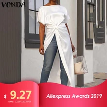 Асимметричное Платье-рубашка макси платье женское летнее VONDA с коротким рукавом белое платье с разрезом подола длинное платье-туника