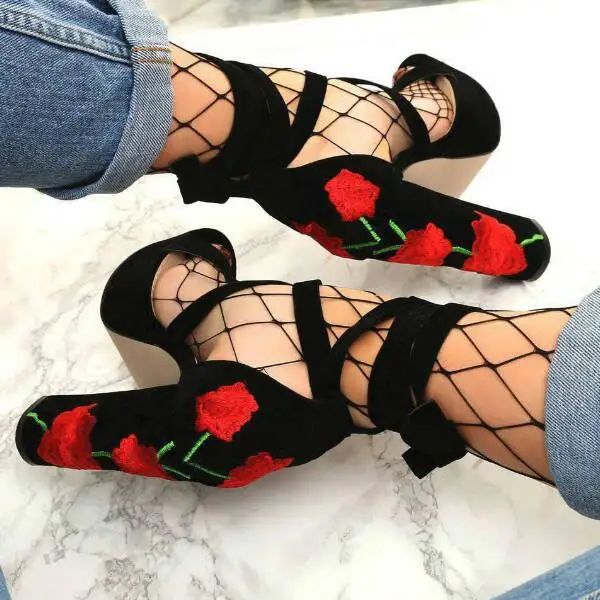 

Floral Embroidered Lace-up Chunky Heels Women Sandals Peep Toe High Platform Ankle Wrap Gladiator Sandals Shoes Women 2019
