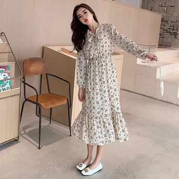 

Women's chiffon dress 2019 new autumn women's fashion bow dress retro casual A word flower long sleeve high waist dress female