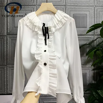 

4.14 Ruffles Bandage Peter pan collar Flare Sleeve Shirt Women 2020 Summer Temperament Single Breasted Fold Blouse