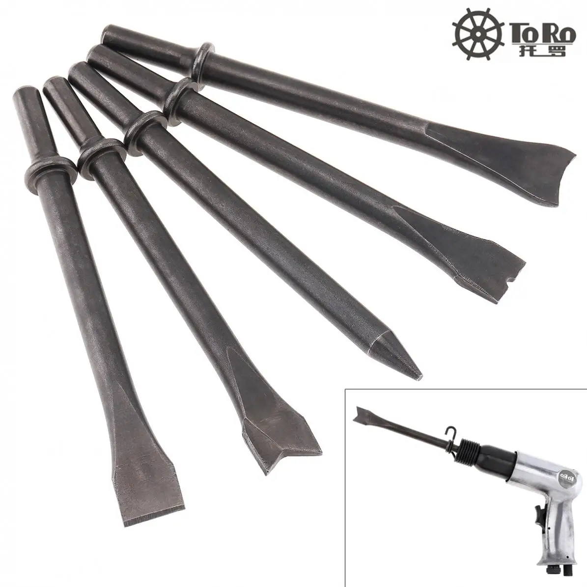 

5pcs/set Hard 45# Steel Solid Long Air Chisel Shovel Impact Head Support Pneumatic Tool for Cutting Rusting Removal