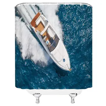 

Navy Shower Curtain Leisure Yacht Ocean Ship Sea Landscape Cloth Fabric Bathroom Decor Set with Hooks White