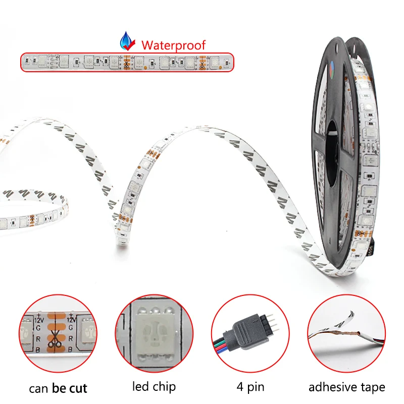 RGB Tape 12V LED Light Waterproof SMD 5050 5M 10M 15M Music Controller Flexible Neon 12V Adapter Set 30leds/60leds led strip