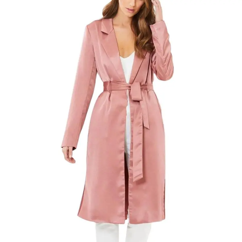 Розовый сатиновый самозавязывающийся плащ-Тренч с длинным рукавом с поясом, Женская Повседневная осенне-зимняя рабочая одежда, офисное OL пальто