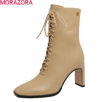 

MORAZORA 2020 Big size 33-43 women boots genuine leather boots thick high heels square toe lace up ankle boots for woman