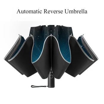 

2019 Automatic Reverse Umbrella for car 10 bones 3-folding with Luminous reflective strip Drip-proof reverse umbrella rain women