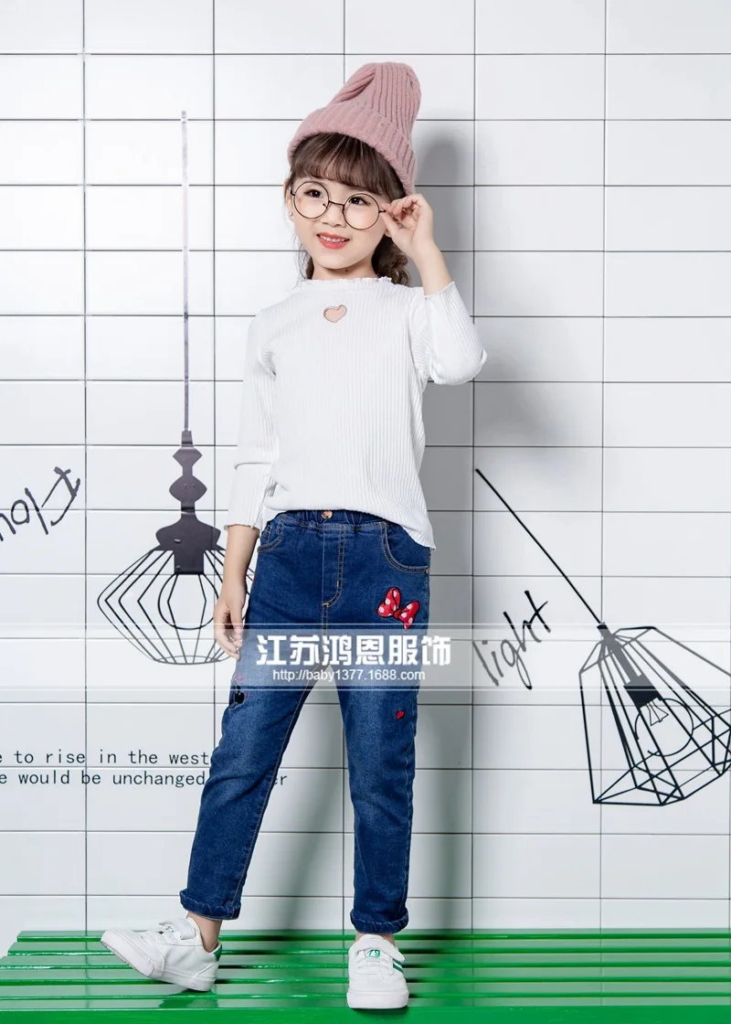 

Childrenswear Girls Thick Cotton-padded Trousers 18 Winter Style Lining Minnie Applique Elasticity Jeans 10d01