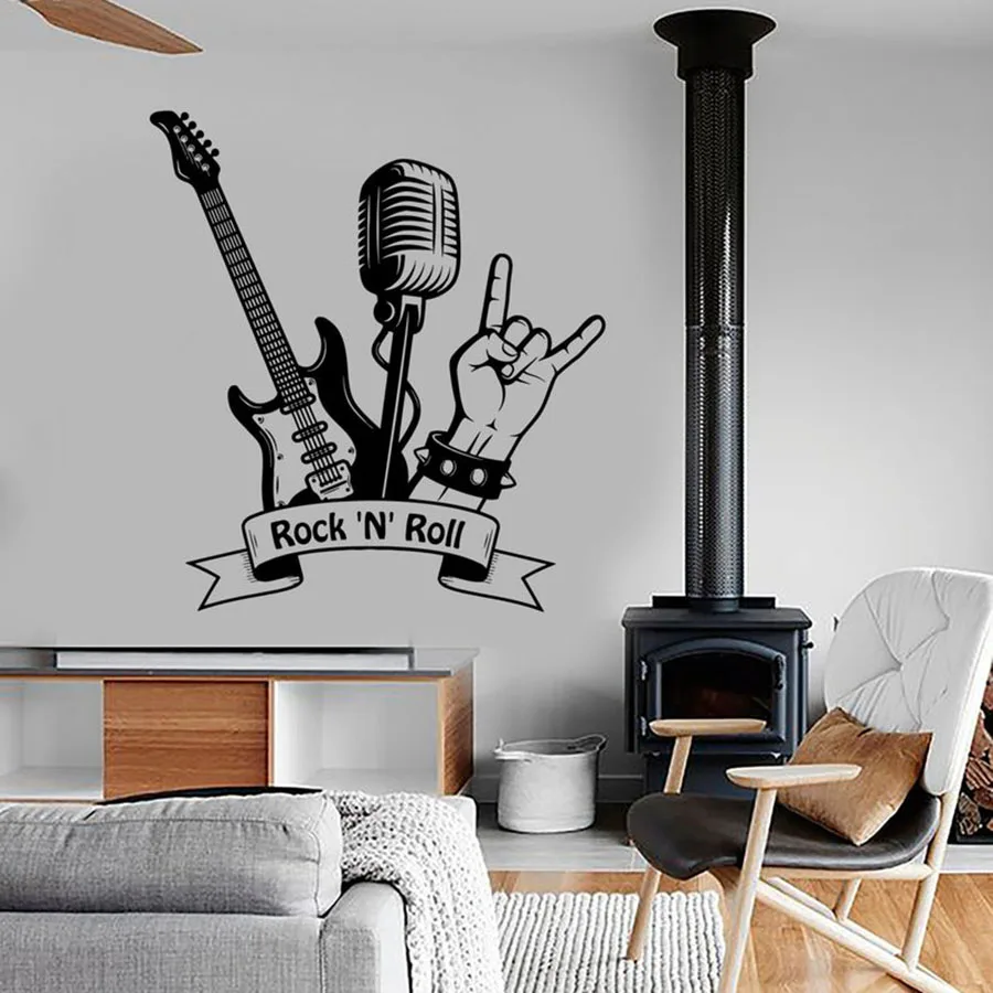 Rock "N" Roll Wall Decal Music Rock Guitar Microphone Bar Music Room Interior Decor Vinyl Wall