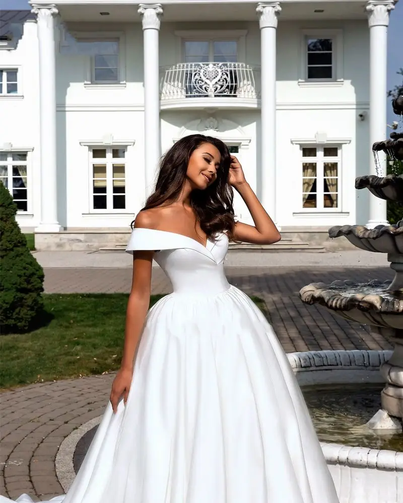 Vestido De Novia белое Элегантное Атласное ТРАПЕЦИЕВИДНОЕ свадебное платье сексуальное v-образным вырезом с открытыми плечами свадебное платье простое платье невесты