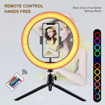 

10 Inches RGB Fill Light Desktop Tripod Stand Set Remote Control Rotable Phone Holder Dimmable LEDs Desk Ringlight for Makeup