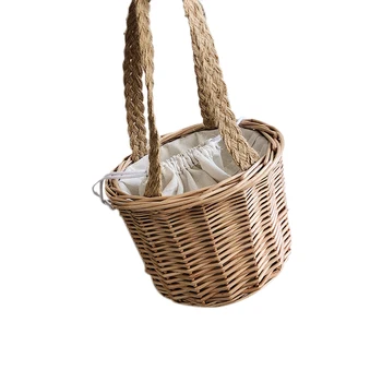 

Fashion Summer Women'S Beach Basket Straw Handbag Bucket Bag Wicker Handmade Braided Bohemian Handbag Travel Clutch Bag (L)