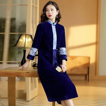

2019 chinese winter new Tang style thick coat splicing fringe long women coat blue trench