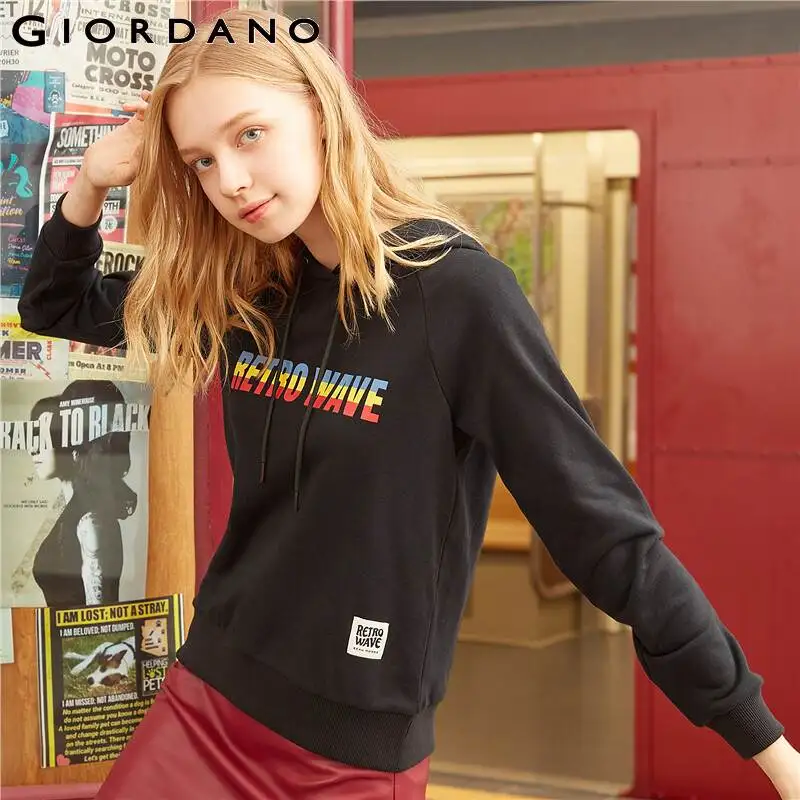 Giordano женский свитшот кенгуру с капюшоном и печатным принтом retro wave на передней части