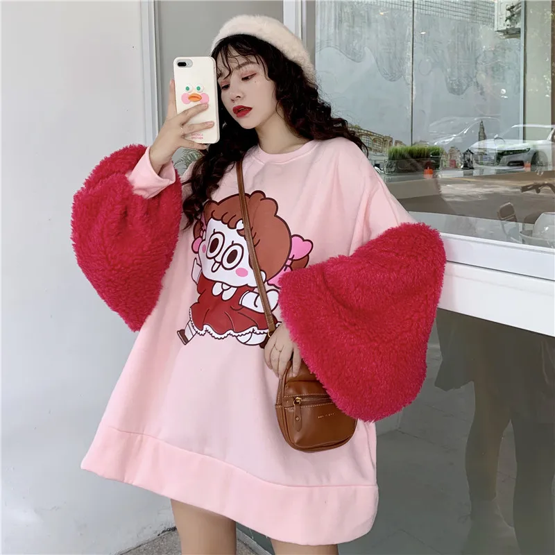 Women Korean Loose Thin Cartoon Print Splice Plush Lantern Sleeve Plus velvet pullover Medium and long section Warm Sweatshirt