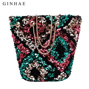 

2020 Fashion Colorful Sequins Women Bucket Bag Ladies Clutch Party Evening Bag Chains Handbags Shoulder Crossbody Bags For Women