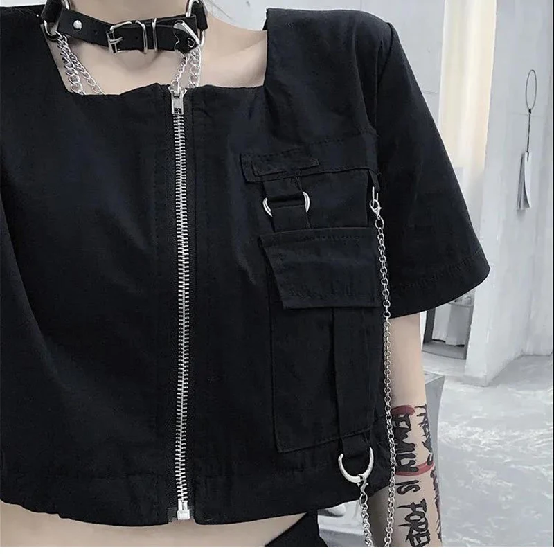 Summer Korean Version Women's Clothing Ins Hong Kong Style All-Match Thin And Exposed Umbilical Retro Dark Tooling Short Shirts