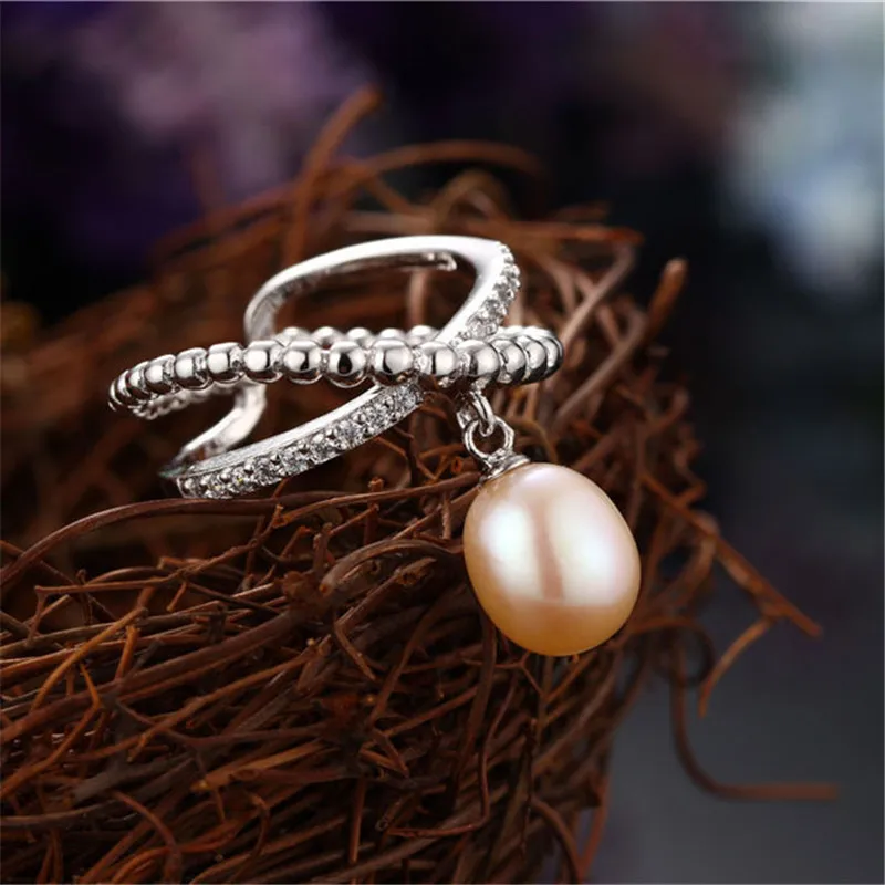 Dainashi Genuine Freshwater Cultured Pearl Ring 925 Sterling Silver Zircon Crystal Adjustable Ring Party Gift for Women - Цвет камня: Розовый