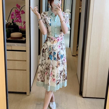 

Spring And Summer Bohemian Retro Print Flowers Dot Short-Sleeved Temperament Pleated Mid-Length Dress High-Quality New