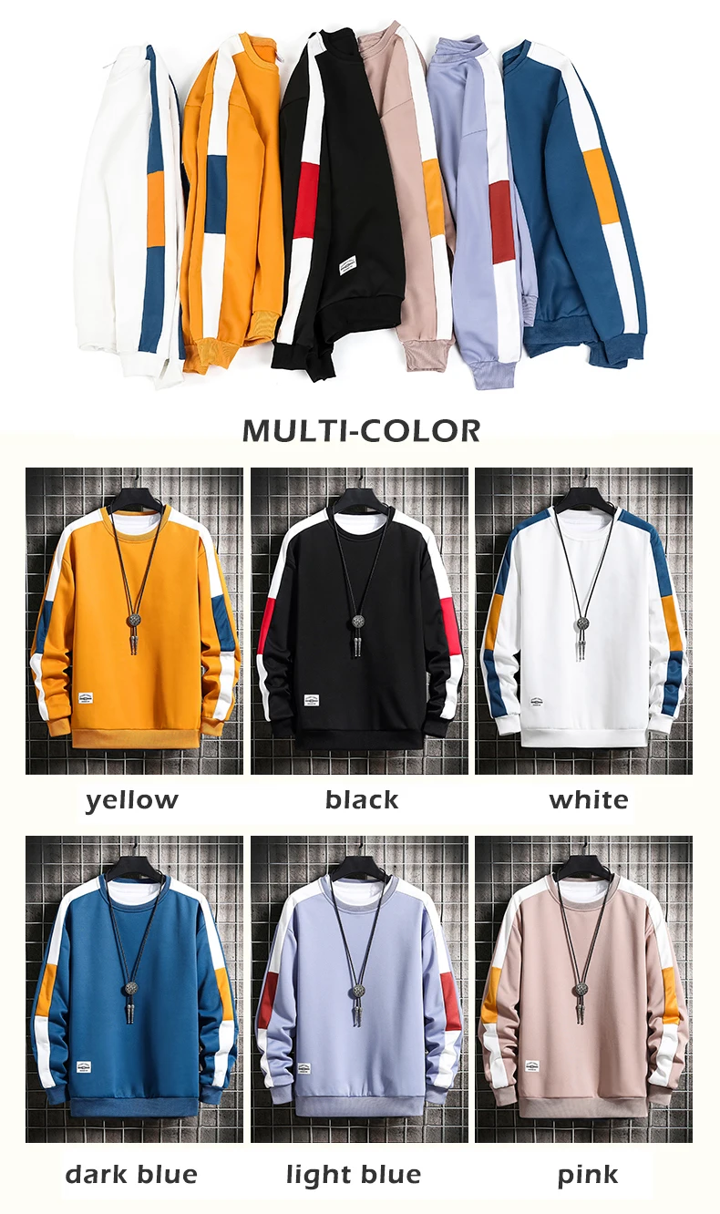 Long Sleeve Harajuku Sweatshirts Men 2021 New Fashion 6 Color Hoodie Mens Casual O-Neck Patchwork Sweatshirt for Young Men