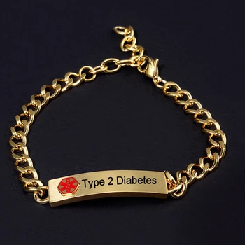 

Personalized Stainless Steel ID Mens Bracelet Gold Chain Link with Medical Alert Custom Diabetes Adjsutable Buckle Bangle