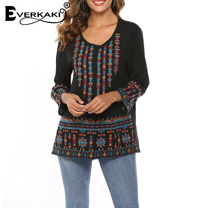Everkaki, блузка, топы, женские рубашки, Boho вышивка, осень, длинный рукав, свободный, о-образный вырез, для девушек размера плюс, блузки, Топ для женщин, новинка