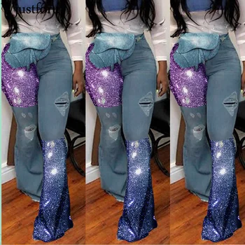 

Wjustforu Sepuin Patchwork Ripped Flare Jeans For Women Fashion Party Club Denim Pants Female Skinny Elegant Casual Long Jeans
