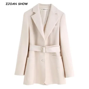 

2019 New Autumn Winter Chic Ivory Blazer With Belt Vintage Women Long sleeve Mid Long Suit Office Lady Coat outwear