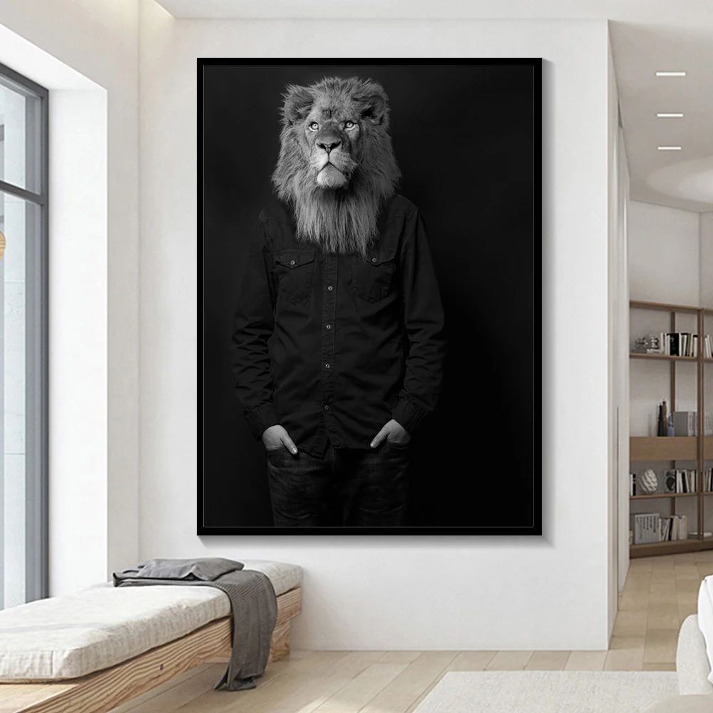 Черно-белый стильный лев тигр слон жираф волк Лошадь стены искусства плакаты и принты животное носить шляпу холст живопись