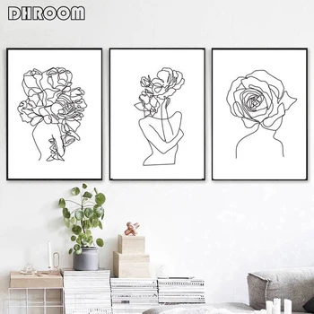 

Woman Flower Art Single Line Wall Art Fashion Poster Abstract Face Canvas Painting Prints Decoration Picture Living Room Decor