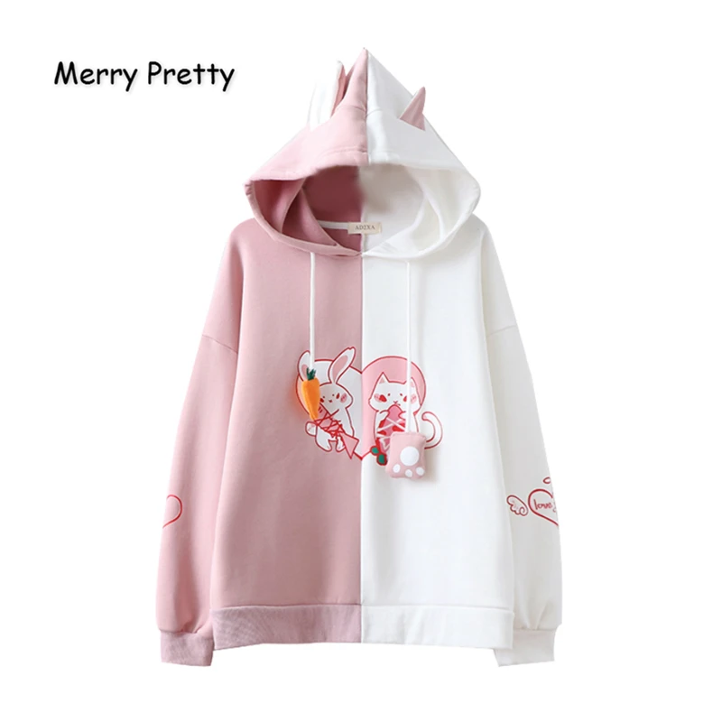 Merry Pretty женские Лоскутные толстовки с мультяшным принтом толстовки с ушками на капюшоне зимние Бархатные пуловеры с капюшоном