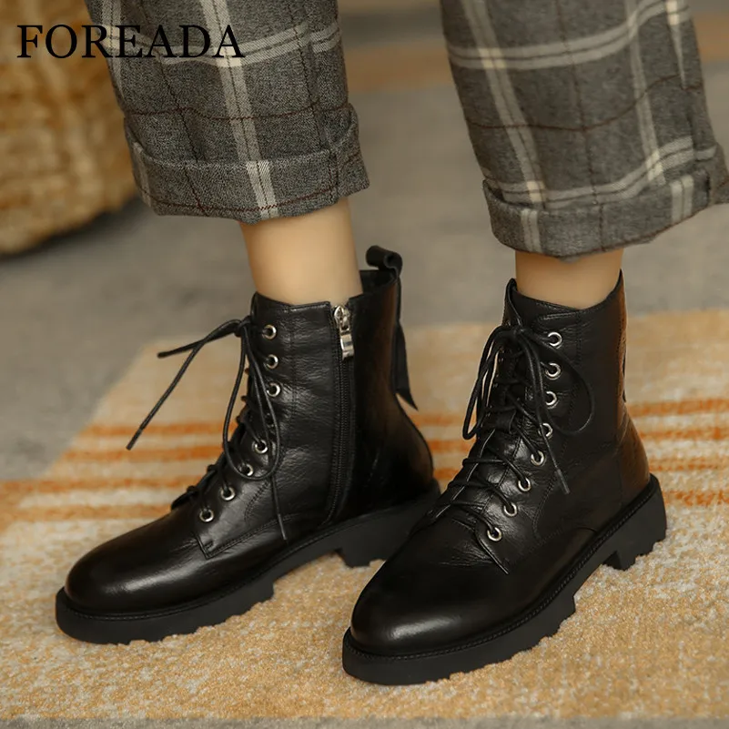 

FOREADA Real Leather Woman Boots Med Heel Ankle Boots Lace Up Short Boots Zip Thick Heel Ladies Shoes Autumn Winter Black Yellow