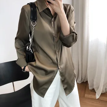 

2020 Spring Young Style Shirt Women's Design Sense Non-Mainstream Hong Kong Flavor Drape Satin Shirt Thin