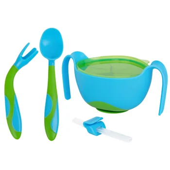 

3 In 1 Safe Baby Bowl Learning Anti Leak Food Feeding Training Spoon Fork With Straw Lid Tableware Assist Suction Cup Portable