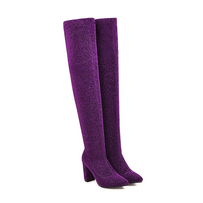 Большие размеры 46; Женские Сапоги выше колена; высокие зимние эластичные сапоги на высоком каблуке 8,5 см; женские облегающие фиолетовые сапоги на блочном каблуке