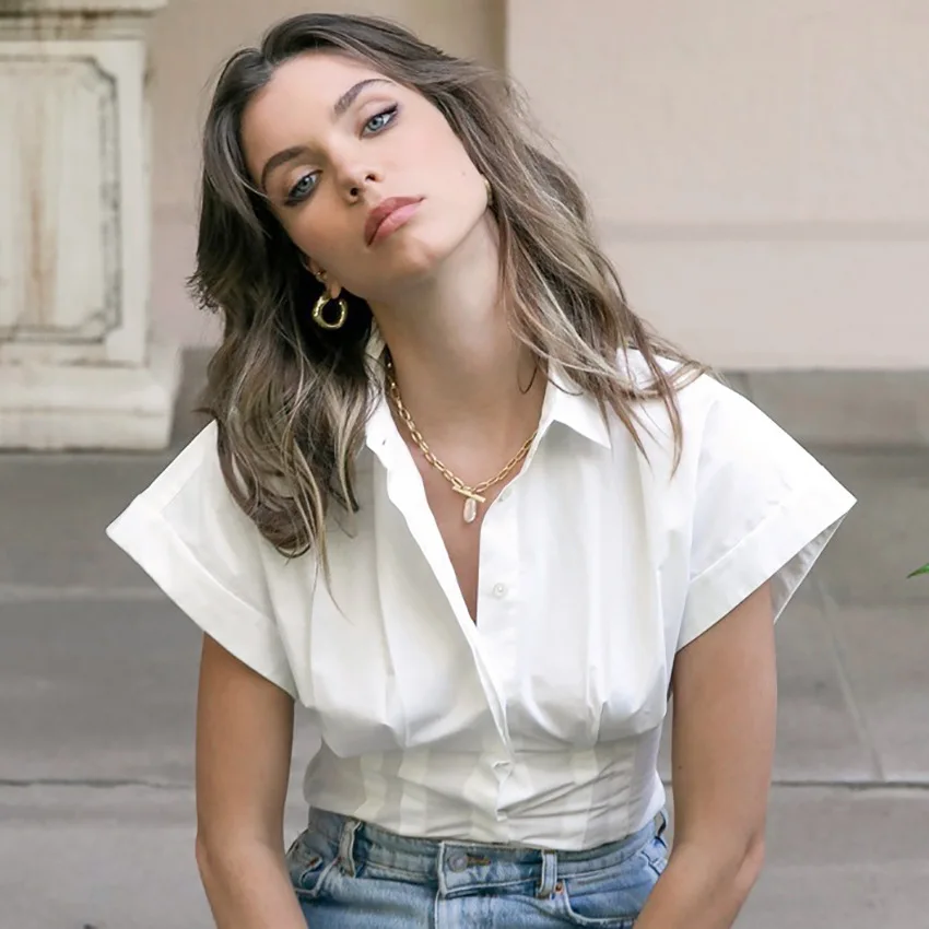 

New Style White Design Sense Batwing Sleeve Shirt Women's Spring and Summer Tight Waist Slim Lapel Short Sleeve Shirt 2021