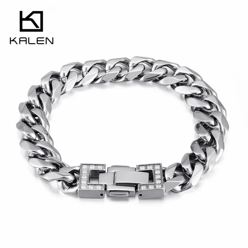 Хип хоп нержавеющая сталь серебряная цепь связывания браслеты для мужчин полированный 21 см кубический цирконий браслет на предплечье ювелирные изделия