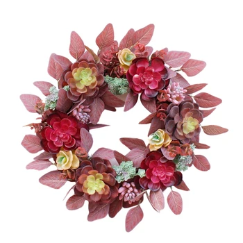 

FashionArtificial Eucalyptus Succulent Wreath Red Leaves Autumn Front Door Wall Festival Fireplace Window Party Decor Wreath