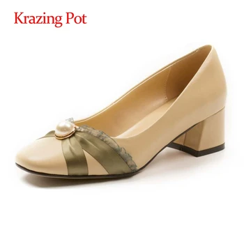

Krazing Pot hot full grain leather riband pearl decorations square toe thick high heels slip on maiden gorgeous women pumps L7f5