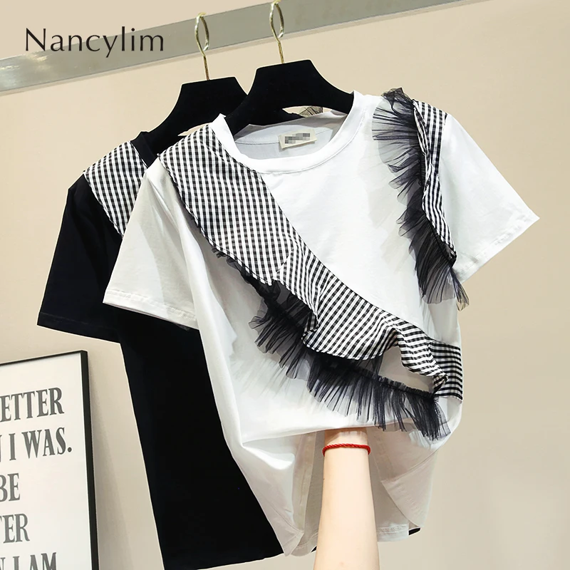 

Tee 2019 Summer White Short-sleeved Ruffles Shirt for Women Loose Lady T-shirt Black Tshirt Femme All-match Basic Tops Nancylim