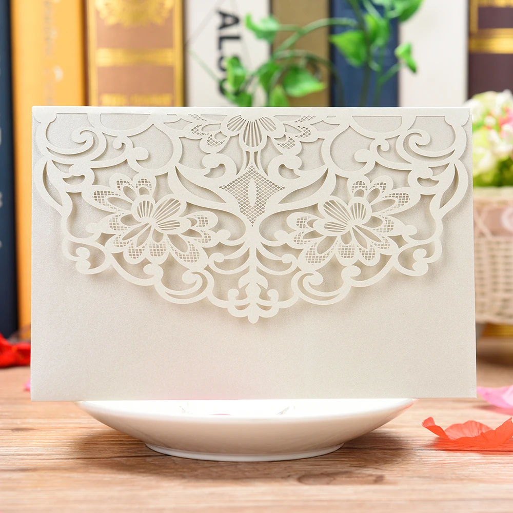  10pcs Pearl Paper Floral Laser Cutter Wedding Invitation Cards Invitation Holders with Blank Inner  - 4.00032E+12